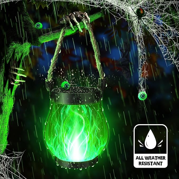 iBaycon 1 Pack Solar Lanterns Lights, Halloween Flickering Flame Garden Lights with 2 Modes Dual Charging USB & Solar, Outdoor Waterproof Hanging Lantern for Party Holiday Halloween Decor (Green)