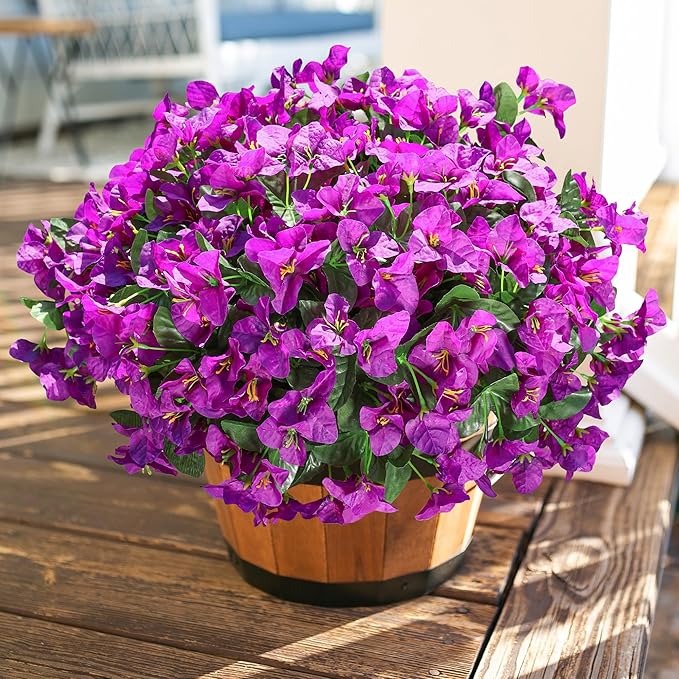 Fake Bougainvillea Artificial Flowers for Outdoors Spring Summer Decor, 4 Bundles Realistic Faux Silk Outside Flowers UV Resistant Faux Plants for Planter Patio Front Door Window Garden Home, Purple