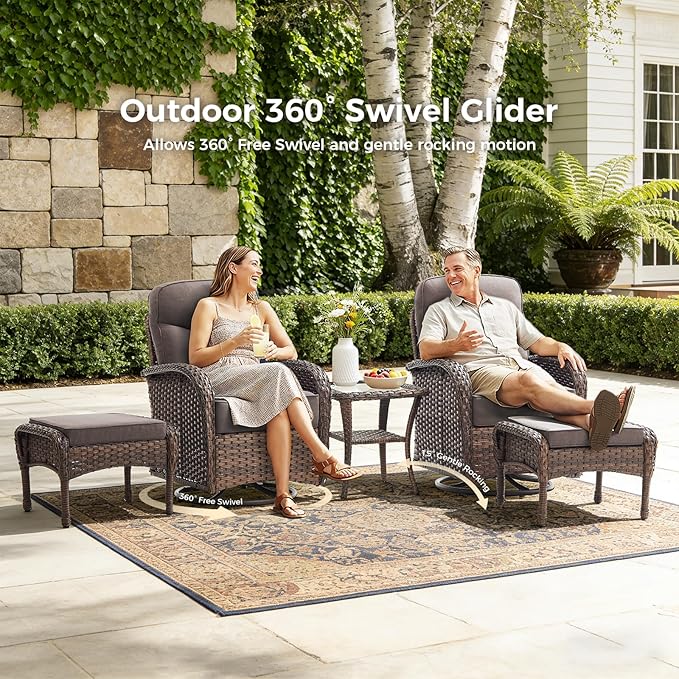 Luxury Patio Furniture Set with Fire Pit Table, Outdoor Furniture Set with High Back Swivel Chairs & 6-inch Thick Cushions, 10 PCS Fire Pit Patio Set for Yard, Deck, Poolside, Brown/Grey