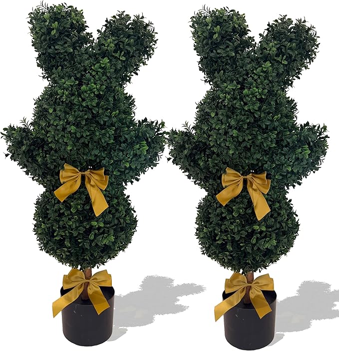 BLONYUVC 36'' Artificial Bunny-Shaped Topiary Double Ball Tree Pot UV-Resistant Bowknot Faux Boxwood Topiaries Plant for Porch Decor Outdoor/Indoor 2 Pack