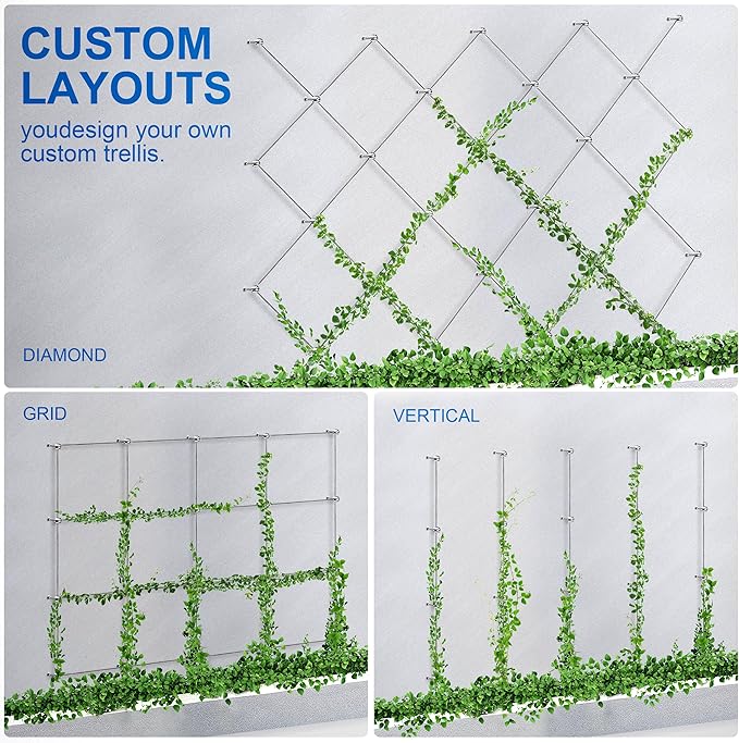 Wire Trellis for Climbing Plants Outdoor, 20-Set Wall Wire Trellis Kit with 1/8in x 98ft Stainless Steel Cable & Cutter, T316 Espalier System for Fence and Garden DIY Projects