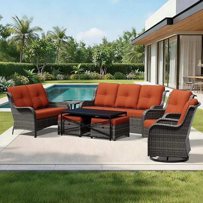 Joyside 8 Piece Wicker Patio Furniture Set, Outdoor Swivel Rocker Patio Chairs with High Back, Deep Seating, Wide Armrest, Thickened Cushions, Outdoor Furniture for Deck, Porch Use