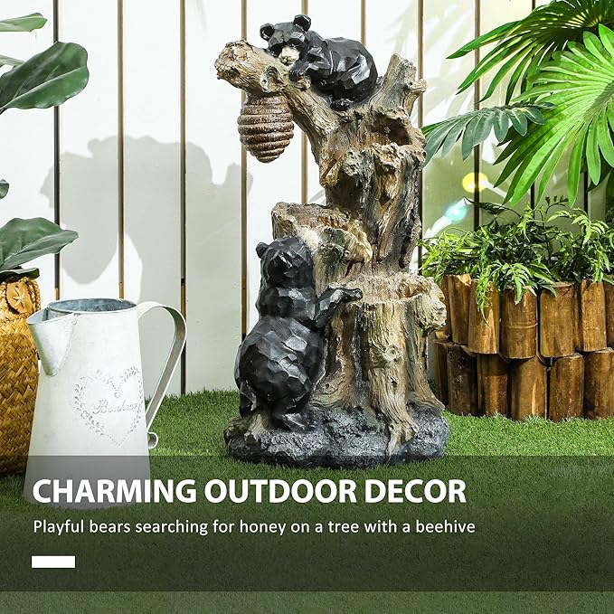 Outsunny 22.4" Tall Outdoor Water Fountain, 3-Tier Floor Standing Resin Bears and Honey Beehive Tree Waterfall Fountain with LED Lights, Pump for Garden, Patio, Backyard