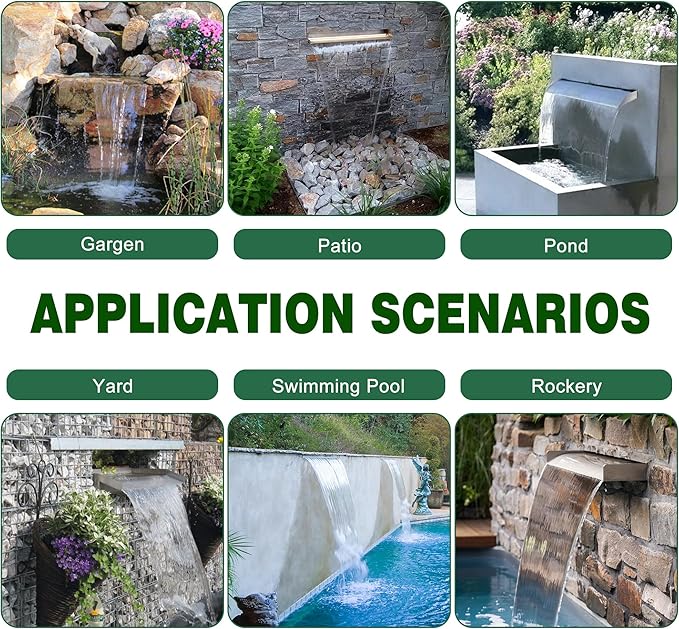 Waterfall Pool Fountain, LONGRUN Stainless Steel Waterfall Spillway for Pools and Ponds - 35.4" Wide Decorative Water Feature for Swimming Pools, Koi Ponds, and Garden