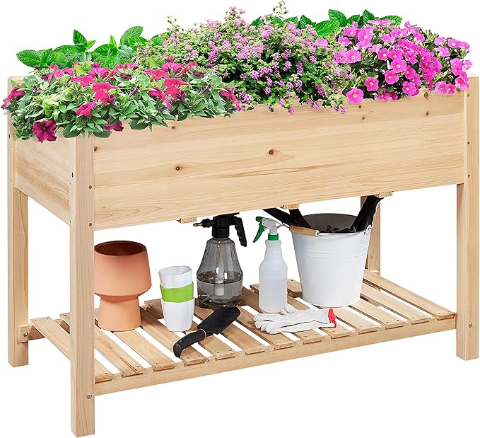 Topeakmart Raised Garden Bed Elevated 2 Tiers Wood Planting Bed Above Ground Planter Box for Vegetables Flowers Herbs Outdoor, 47x23x32in