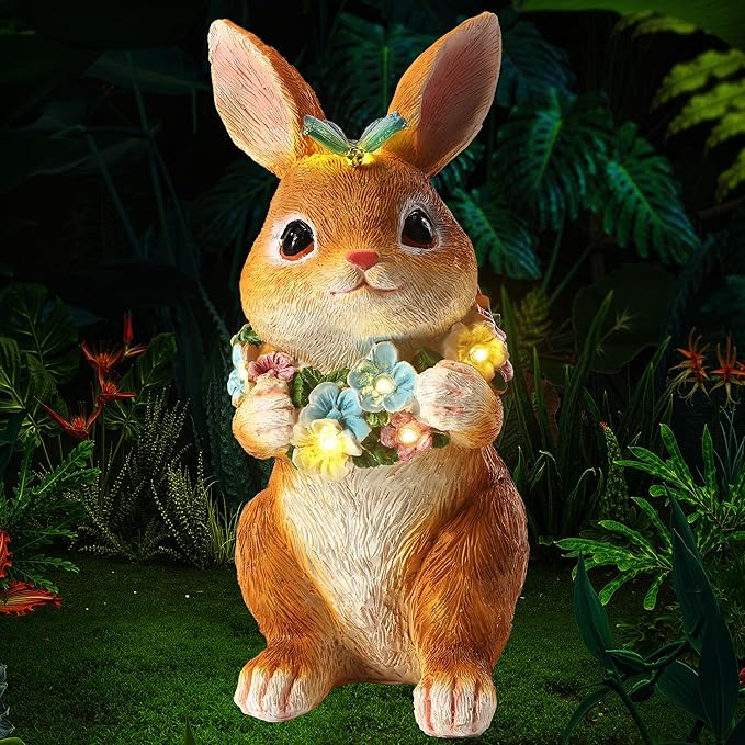 ZhiYo-GD Solar Garden Statues Outdoor Decor, Rabbit Statue with Butterfly & Flowers, Yard Decoration with 6 LED Lights for Patio, Balcony, Backyard, and Lawn, Unique Gift for Mom, Grandma Christmas