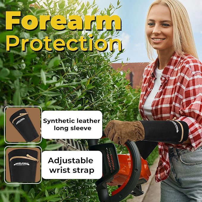 HANDLANDY Long Gardening Gloves for Men & Women, Pigskin Leather Rose Pruning Gloves, Breathable Thorn Proof Gauntlet Glove (Brown-Pigskin, XL)