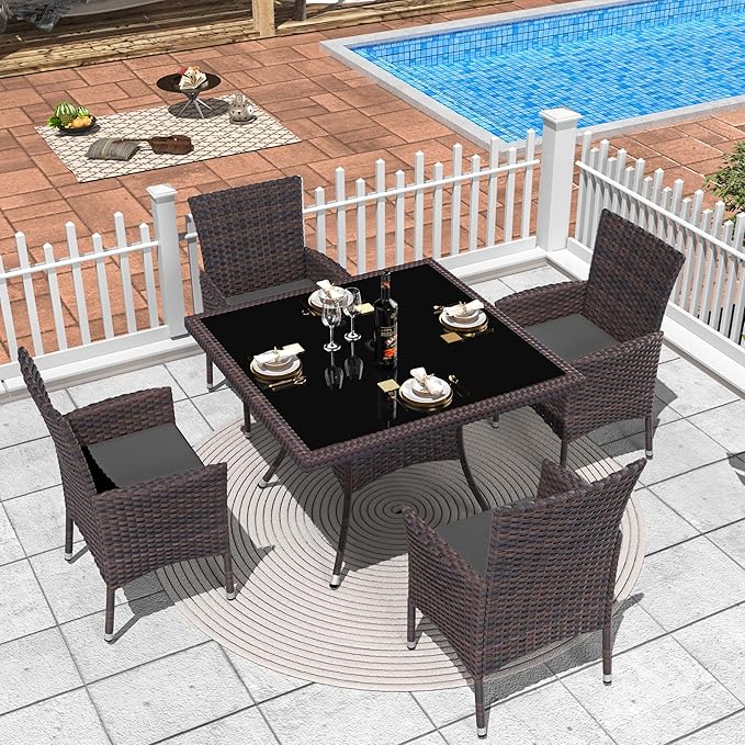 5 Piece Outdoor Dining Set,Rattan Patio Conversation Set of 4 Chairs,Patio Dining Table and Chairs w/Cushions,Square Glass Tabletop,Umbrella Cutout for Patio,Grey