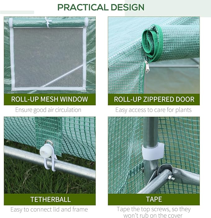 Outsunny 20' x 10' x 7' Walk-in Tunnel Greenhouse with Zippered Door & 8 Mesh Windows, Large Garden Green House Kit, Galvanized Steel Frame, Green
