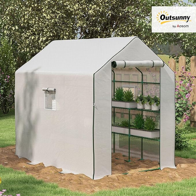 Outsunny 4.6' x 4.7' Portable Greenhouse, Water/UV Resistant Walk-in Small Outdoor Green House with 2 Tier U-Shaped Flower Rack Shelves, Roll Up Door & Windows, White