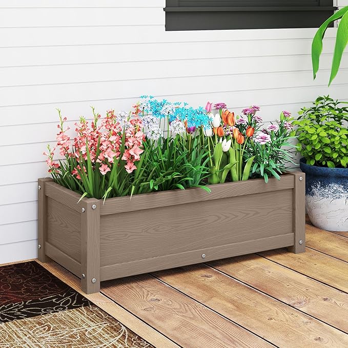 HDPE Raised Planter Box Outdoor,Rot-Resistant and Non-Cracking,Raised Beds for Gardening 29.5 * 14.4 * 9.8 in for Yard,Lawn,Outdoor Planter Boxes Rectangle with Drainage Holes Brown