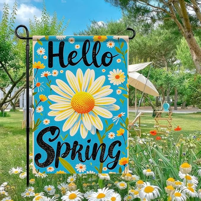 Spring Garden Flag Spring Yard Flag Vibrant Daisy "Hello Springs" Backdrop Design Double-Sided 12x18 Inches Garden Flags for Outside Yard Flag for Seasonal Outdoor Decor