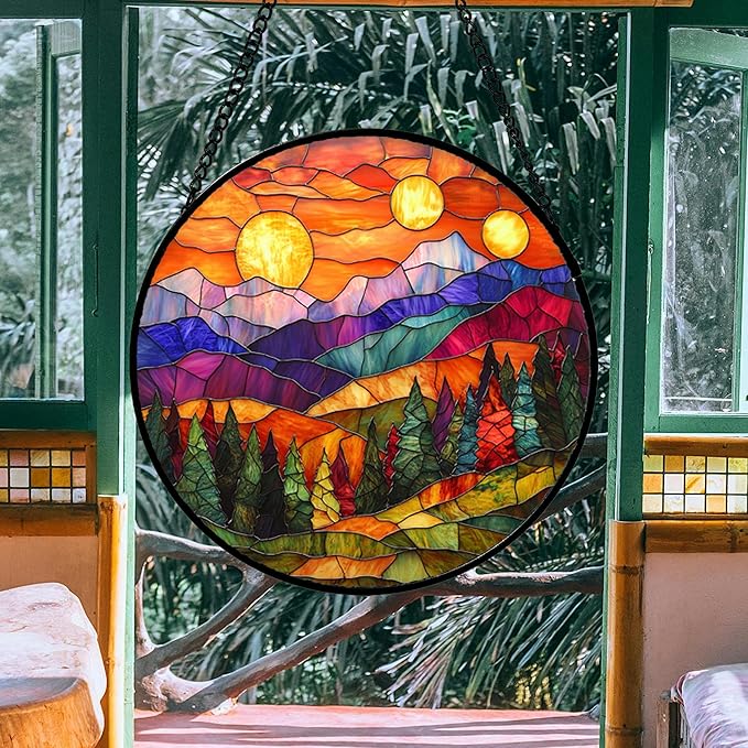 DASTOLL Stained Glass Window Hanging, Sunset Abstract Sun Catchers Colorful Glass Panel Landscape Suncatcher Decor for Birthday for Women, Men, Wife, Aunt, and Mom 14.9x14.9 in