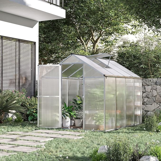 Outsunny 8' x 6' Greenhouse for Outdoors, Polycarbonate Greenhouse with Rain Gutter and Roof Vent, Aluminum Walk-in Green Houses for Outside Patio Backyard Garden