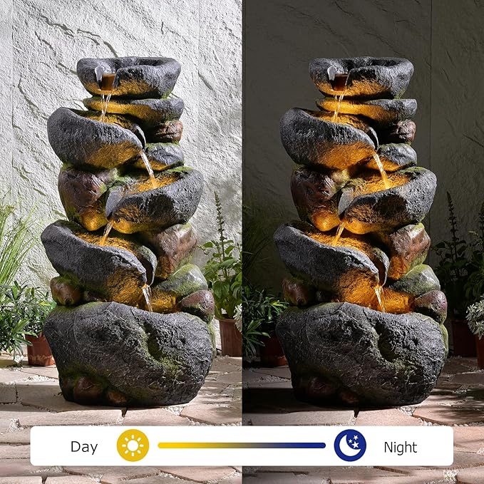 36.2''Tall Rock Outdoor Water Fountain, 5 Tiers Cascading Natural Outdoor Fountains and Waterfalls with LED Lights, Water Feature for Garden, Patio, Deck, Backyard Decor