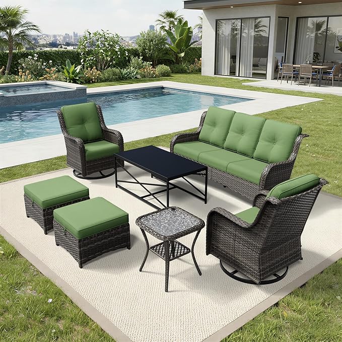 Joyside 7 Piece Wicker Patio Furniture Set, Outdoor Swivel Rocker Patio Chairs with High Back, Deep Seating, Wide Armrest, Thickened Cushions, Outdoor Furniture for Deck, Porch Use
