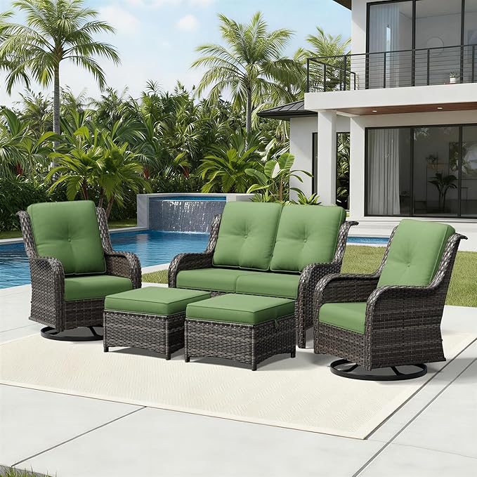 Joyside 5 Piece Wicker Patio Furniture Set, Outdoor Swivel Rocker Patio Chairs with High Back, Deep Seating, Wide Armrest, Thickened Cushions, Outdoor Furniture for Deck, Porch Use