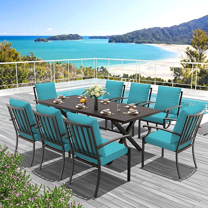 9-Piece Patio Dining Set Outdoor Conversation Set,Metal Outdoor Furniture Set with Umbrella Hole Cut-Out 78.7" x 35.4" Table and 8 Metal Backrest Chairs for Backyard,Garden,Blue