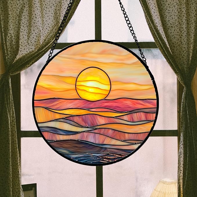HWRHTR Stained Glass Window Hanging, Orange Sunrise Suncatcher Diamond Glass Panel Hangings Scenery Sun Catchers Decor for Birthday for Women, Men, Wife, Aunt, and Mom 11.8 in