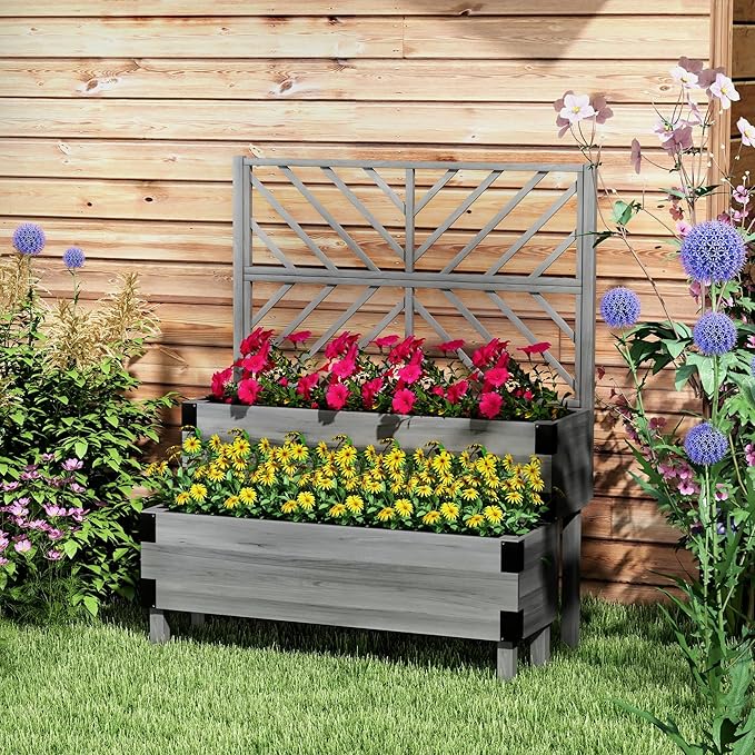 Outsunny Raised Garden Bed with Trellis, 2 Tier Wooden Elevated Planter Box with Legs and Metal Corners for Vegetables, Flowers, Herbs, Gray