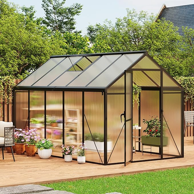 6×10 FT Greenhouse, Large Walk in Greenhouses for Outdoors and Garden Planting, Polycarbonate Greenhouse with Enhanced Aluminum Frame, Green Houses with Quick Setup Structure and Roof Vent, Black