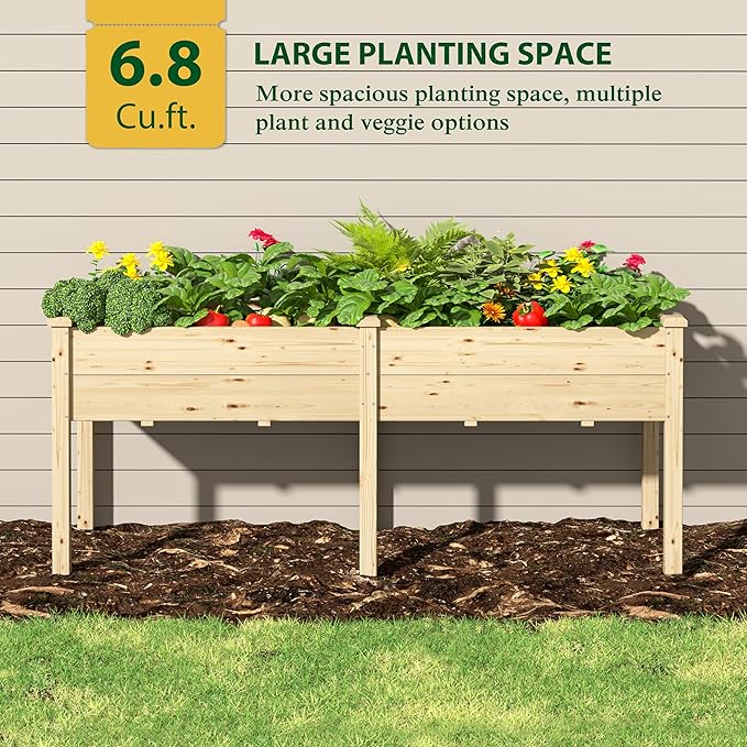 72x23x30in Raised Garden Bed with Legs, Outdoor Elevated Wood Planted Box with Divider Panel & Drainage Hole for Vegetable Flower, Backyard and Patio, Natural