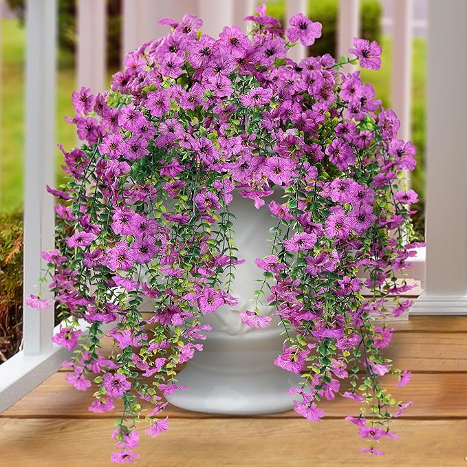 Sggvecsy Artificial Fake Hanging Flowers Plants for Outdoor Outside Spring Summer Decoration 2PCS Faux Silk UV Resistant Realistic Mums Daisy with Eucalyptus for Home Porch Patio Balcony(Magenta)