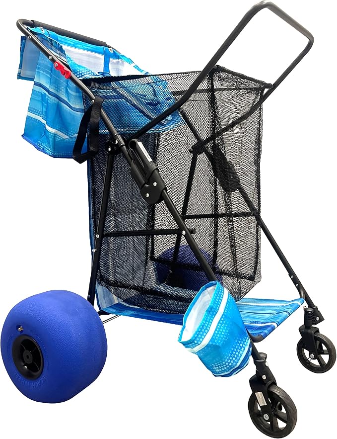 Beach Cart Balloon Wheel Deluxe Heavy Duty Folding Ocean Utility 13” x 7” Sand Wheels Holds 4 Folding Chairs Umbrella Holder Removable Beach Bag Blue Striped Pattern