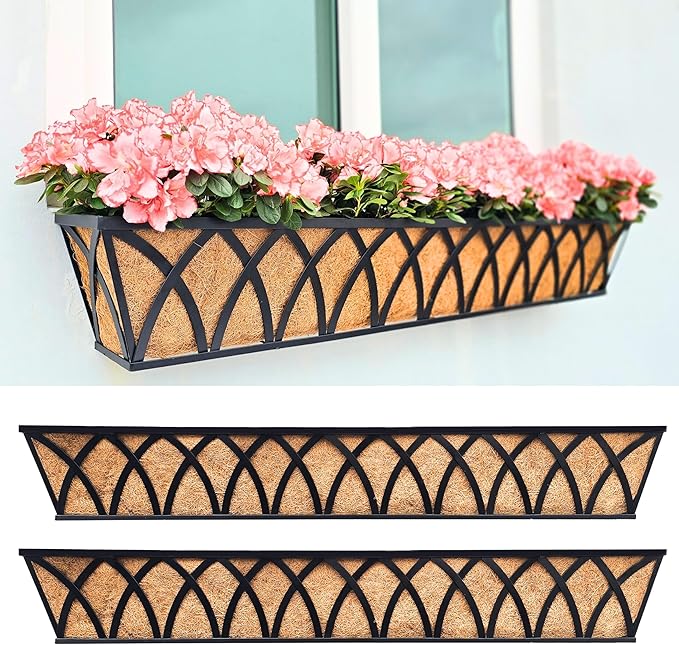 LaLaGreen Wall Planters (2 Pack, 48") Rectangular Black Metal Hanging Window Planter Box with Coco Liner, Flower Basket Plant Holder Attach House Outdoor Deck Railing Garden Patio Porch Balcony Fence