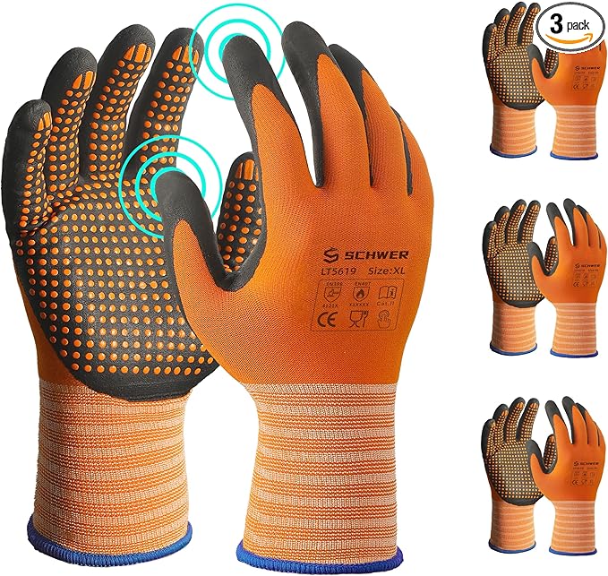 Schwer 3 Pairs Safety Work Gloves Micro-Foam Nitrile Coated, Level 4 Abrasion Resistant Nylon Working Gloves with Micro Dot Grip, Touchscreen, Used for General Use, Gardening, Mechanic, LT5619, XL