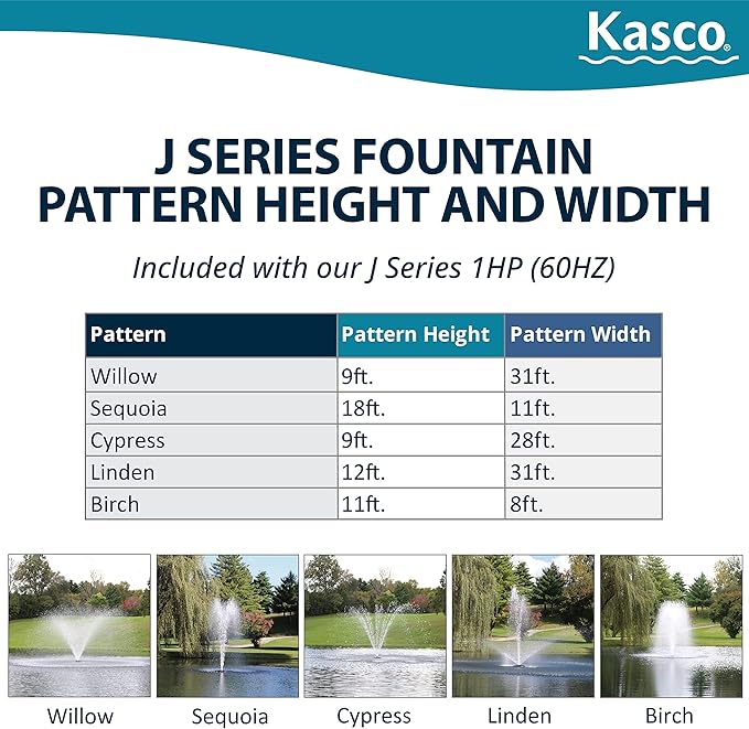 Kasco 1 HP J Series Decorative Fountain - 240V with 400 Ft Electric Power Cord | Pond and Lake Fountain | Efficient Pond Aerator Outdoor Fountain