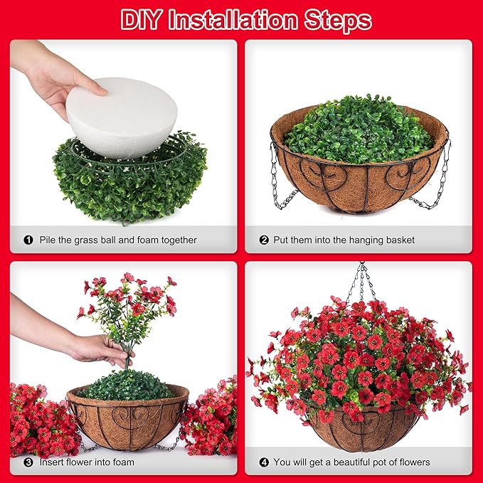 Artificial Flowers Hanging Basket for Outdoor Indoor Spring Summer Decoration,Fake Silk Colorful Daisy Eucalyptus in 12" Coconut Lining Flowerpot Arrangement for Home Patio Yard Decor(Red)