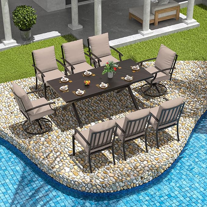 9-Piece Patio Dining Set Outdoor Conversation Set,Metal Outdoor Furniture Set with Umbrella Hole Cut-Out 78.7" x 35.4" Table and 8 Metal Chairs for Backyard,Garden,Sand