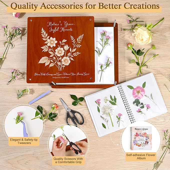Joy&Grace Large Flower Press Kit for Adults & Kids with Designed Cover and DIY Album, 10.9" x 10.9" 10 Layers Plant Press and Plant Drying Toolkit, Flower Preservation Kit (Color Box, Mahogany Color)