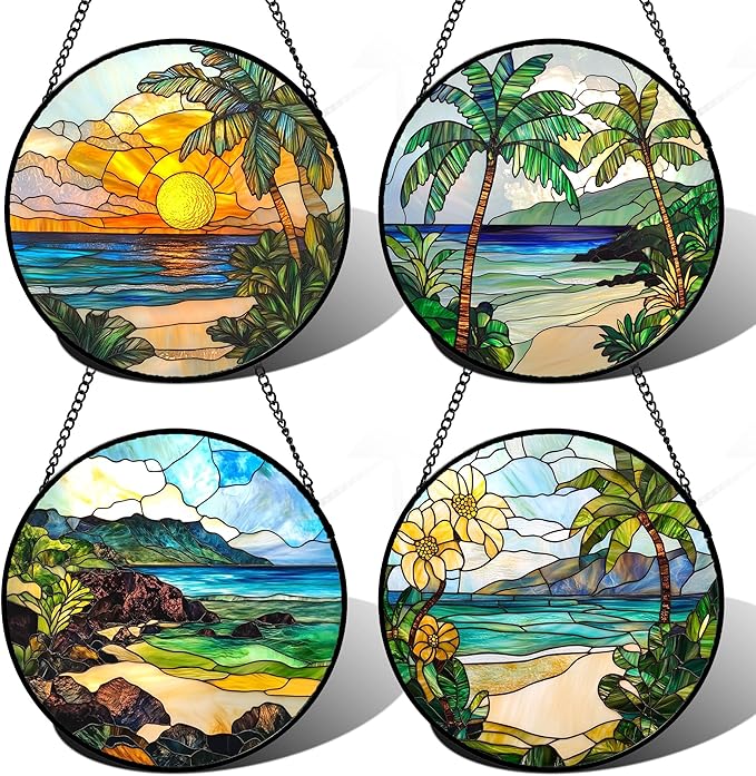DASTOLL Stained Glass Window Hanging 4 Pcs Set Blue Ocean Coconut Tree Scenery 9.8" - Suncatcher Door Garden Sun Catcher Decor Birthday Christmas for Mom Woman Nana Men