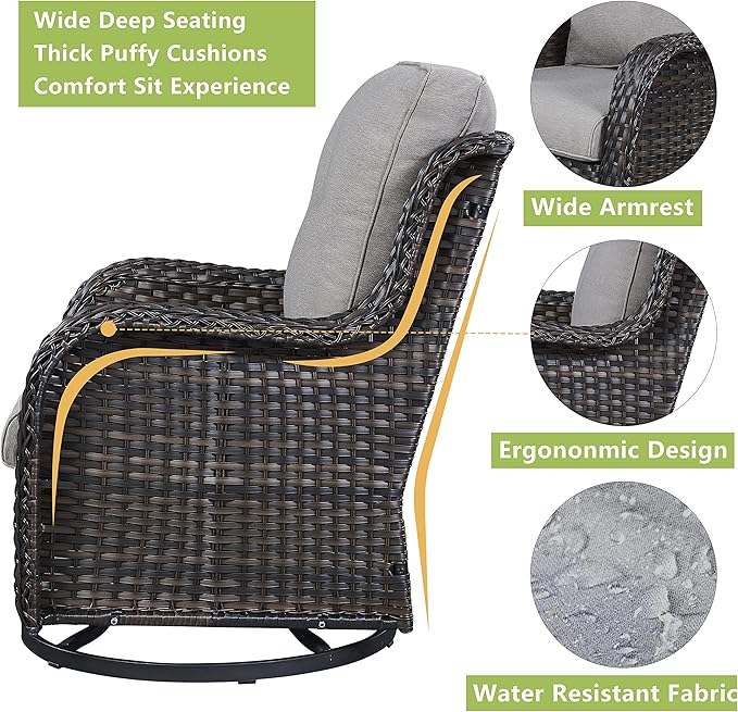 Rilyson Wicker Patio Furniture Set - 6 Piece Rattan Outdoor Sectional Conversation Sets with 2 Swivel Rocking Chairs,2 Ottomans,1 Sofa and 1 Coffee Table for Porch Deck Garden(Brown/Grey)