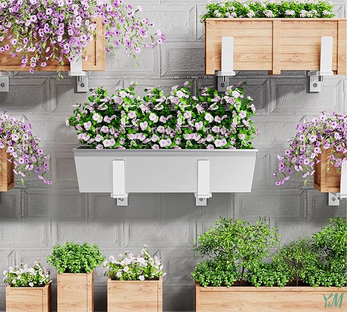Y&M 6 PCS Adjustable Window Box Brackets for Planter Box, Heavy Duty Wall Mounted Hooks Hangers for Flower Baskets Holder Durable, Brackets for Fence Patio Garden Balcony