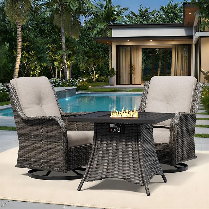 Joyside 3 Piece Wicker Patio Furniture Set with Fire Pit Table, Outdoor Swivel Rocker Patio Chairs with High Back, Deep Seating, Wide Armrest, Thickened Cushions, Outdoor Furniture for Deck, Porch Use