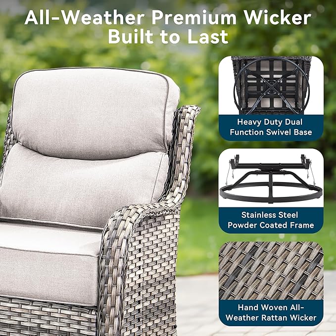 Luxury High Back Outdoor Swivel Rocker Patio Chairs with Side Table & 6-Inch Thick Cushions, 2 Pieces Patio Furniture Set for Porch, Balcony, Deck and Yard