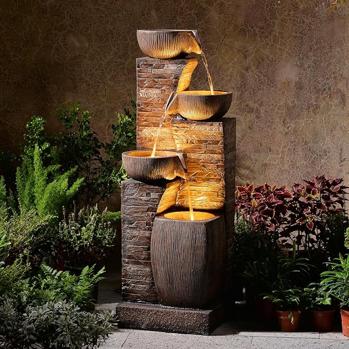 Water Fountain Outdoor Garden,38.2" Tall Modern Freestanding 4 Tiers Indoor Waterfall Fountain with LED Lights for Patio, Balconies, Lawns, Deck, Porch Backyard and Home