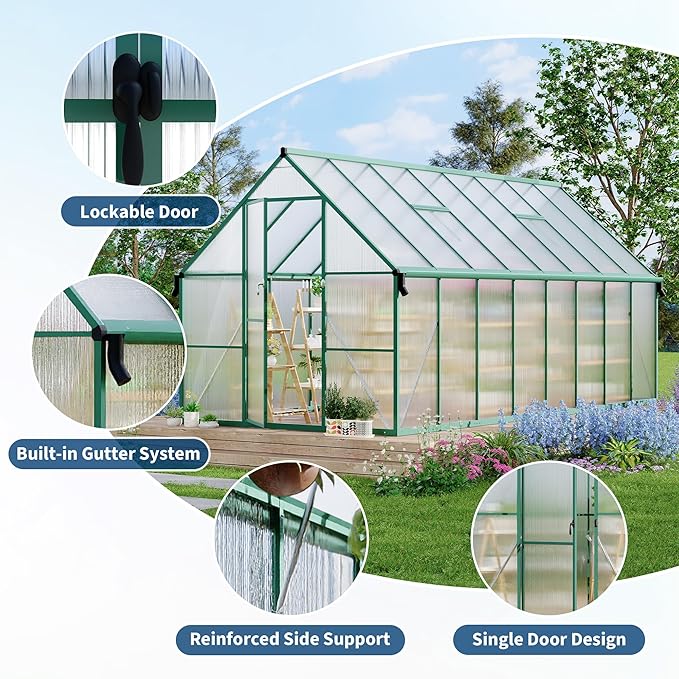 8X16 ft Polycarbonate Greenhouse with Aluminum Frame, Polycarbonate Greenhouse for Outdoors, Greenhouses with Ventilation and Rain Gutter, Aluminum Large Walk-in Greenhouses for Outside