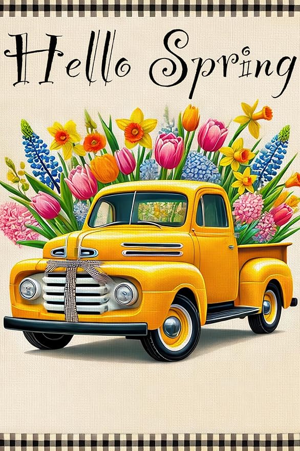 Hello Spring Garden Flag 12 x 18 Inch Double Sided Welcome Spring Flowers Truck Yard Flag Seasonal Outdoor Decor Home Party Porch Yard Farmhouse Holiday Outdoor Decor Flags