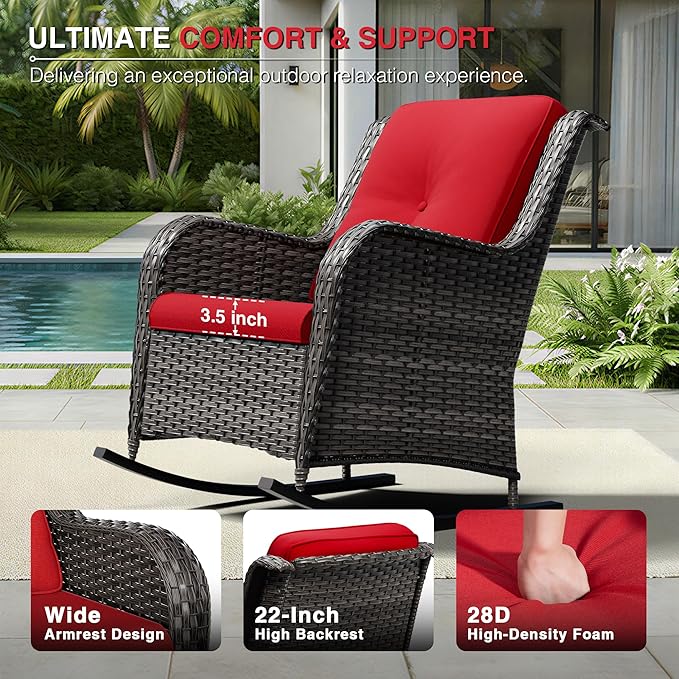 Joyside 3 Piece Wicker Patio Furniture Set, Outdoor Rocking Chair with High Back, Deep Seating, Wide Armrest, Thickened Cushions, Outdoor Rattan Furniture for Deck, Porch Use