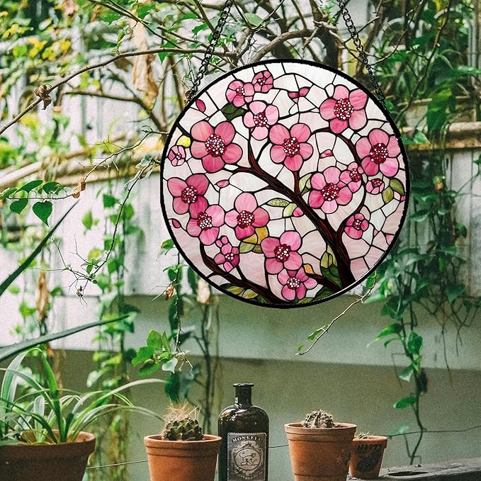 Stained Glass Window Hanging - Cherry Blossoms Birth Flower Suncatcher for Door Garden Patio Sun Catchers Decor Christmas Mother's Day Birthday Gifts for Women Mom Nana Friend Wife 6.3 in