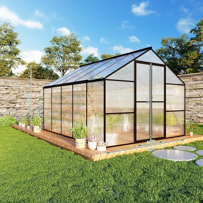 8X10 FT Walk in Greenhouse, Quick Setup Polycarbonate Greenhouses for Outdoor with Roof Vent and Rain Gutter, Swing Lockable Door Large Aluminum Green Houses for Outside, Black