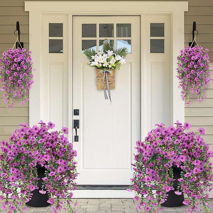 Sggvecsy Artificial Fake Hanging Flowers Plants for Outdoor Outside Spring Summer Decoration 2PCS Faux Silk UV Resistant Realistic Mums Daisy with Eucalyptus for Home Porch Patio Balcony(Magenta)