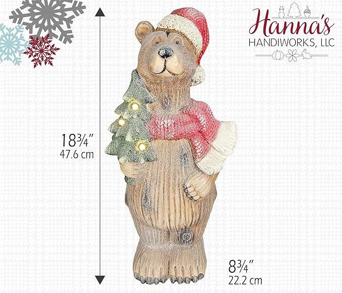 Holiday Bear with Light Up Christmas Tree | Resin Home Decor with Santa Hat and Xmas Tree Accents | Seasonal Xmas Decor for Centerpiece, Mantle, Kitchen, Dining Room, and More | 18 ¾ inches tall
