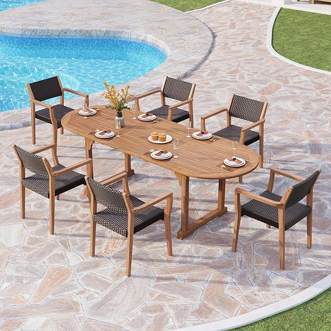 PHI VILLA Outdoor Acacia Wood Chairs Set of 4, Heavy-Duty Dining Armchairs with Wicker Back & Seat, Farmhouse Style Teak Seating Furniture for Patio, Deck, Yard, Balcony, Garden