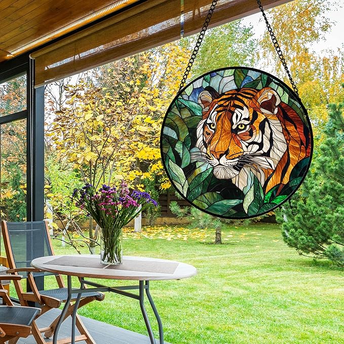 Stained Glass Window Hanging, Fierce Tiger Sun Catcher for Door Home Decor Wild Animals Suncatcher Christmas Mother's Day Birthday Gifts for Women Men Mom and Nana 9.8 in