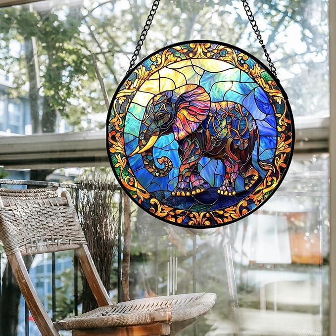 Stained Glass Window Hanging - Blue Elephant Suncatcher for Door Terrace Garden Home Decor, Yellow Retro Sun Catcher Birthday Gifts for Lovers Women Men Dad Mom Nana 7.8 in